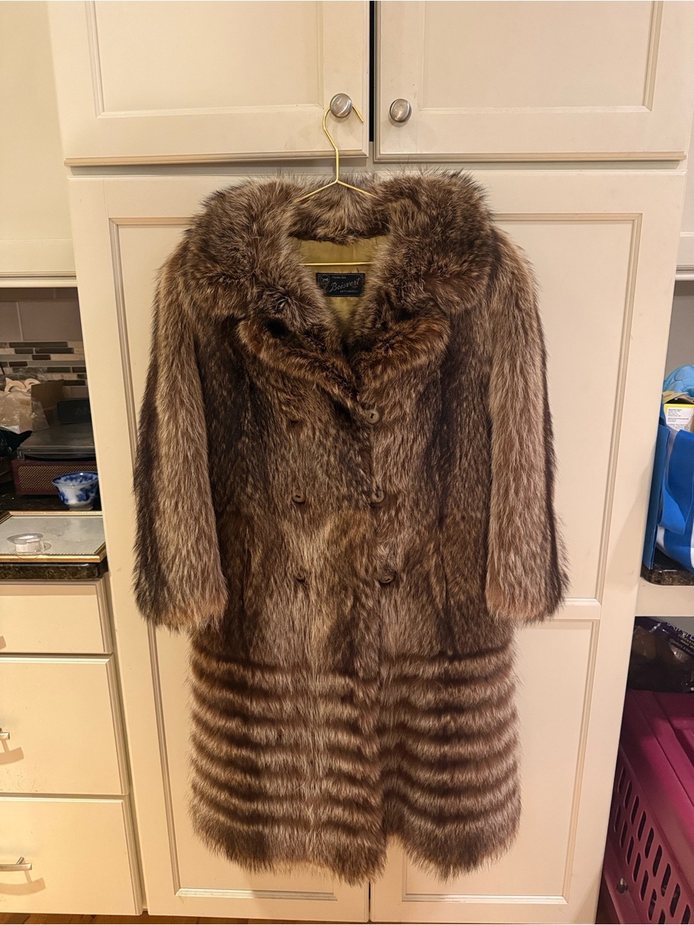 Vintage Luxurious Brown Raccoon Fur Long Coat